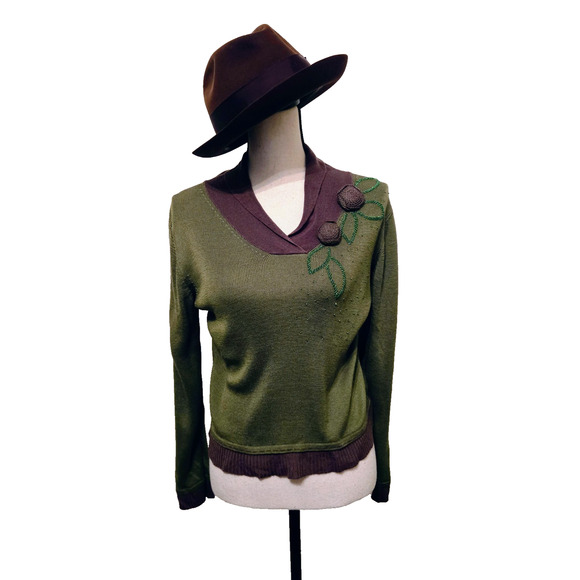 Vintage Flower Beaded Sweater Womens Green Brown M - Picture 7 of 16